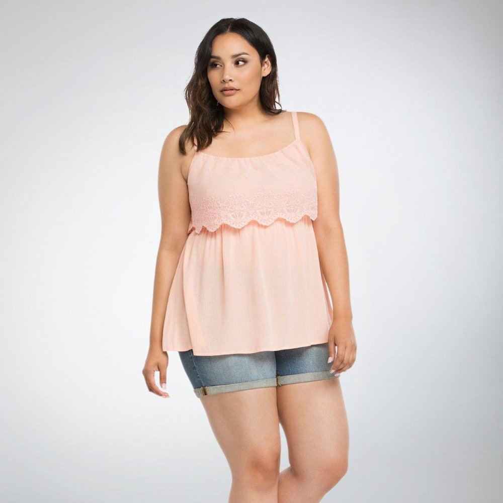 Mesh Overlay Gauze Babydoll Lace Ruffle Tank Top Peach Pink